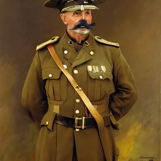 Image similar to old dog with big mustache dressed as a veteran colonel of the first world war german army, highly detailed painting by gaston bussiere, craig mullins, j. c. leyendecker