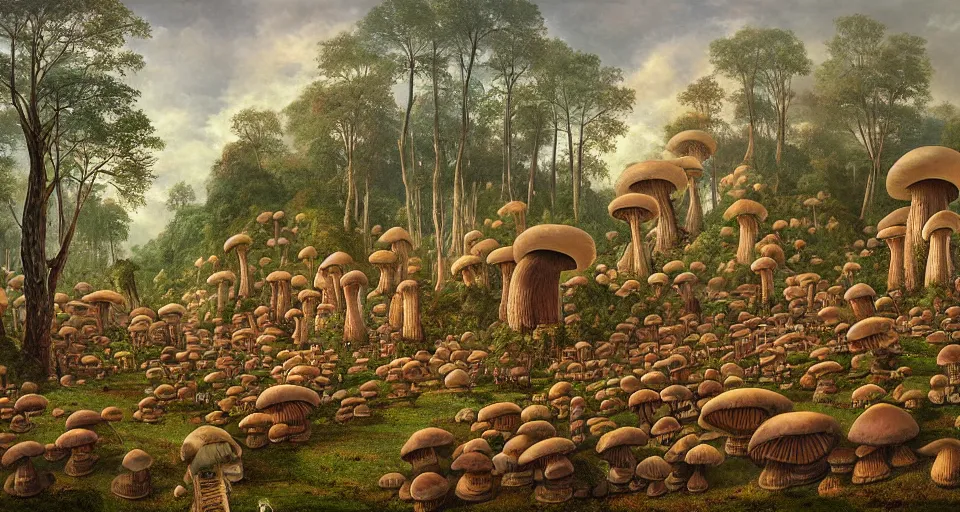 Image similar to A tribal village in a forest of giant mushrooms, by André François