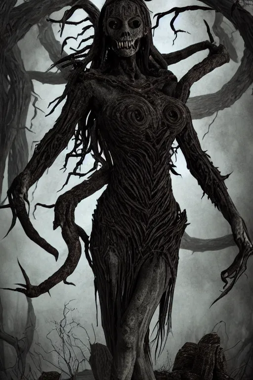 Image similar to Samhain figure, creature, wicca, occult, harvest, fall, creepy, dark, witchcore, wide angle, super highly detailed, professional digital painting, artstation, concept art, smooth, sharp focus, no blur, no dof, extreme illustration, Unreal Engine 5, Photorealism, HD quality, 8k resolution, cinema 4d, 3D, beautiful, cinematic, art by artgerm and greg rutkowski and alphonse mucha and loish and WLOP