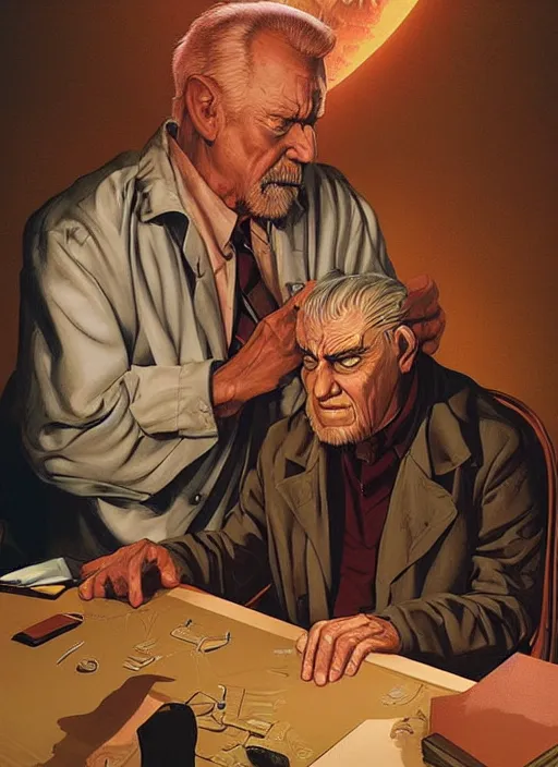 Prompt: poster artwork by Michael Whelan and Tomer Hanuka, Karol Bak of a old man transferring his soul into a young boy, sitting in the board room, from scene from Twin Peaks, clean