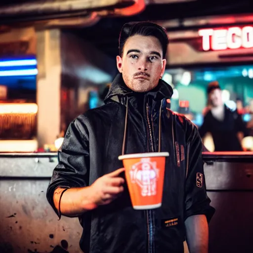 Image similar to photograph of retro techwear people holding solo cups loitering near the bar of a busy rundown nightclub, retrofuturism, brutalism, cyberpunk, sigma 85mm f/1.4, 35mm, 4k, depth of field, high resolution, 4k, 8k, hd, highly detailed, full color