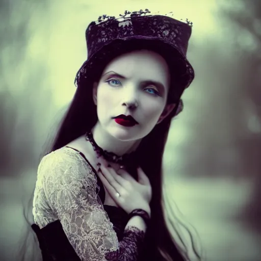Image similar to A beautiful portrait of a lady vampire, victorian, '20, ominous, dracula, depth of field, bokeh, irwin penn, soft light, cinematic