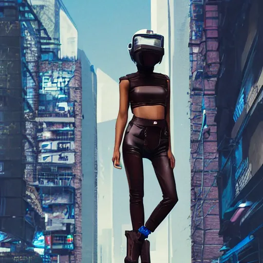 Prompt: a fashion model in helmet, creative, brown skin, digital art, photo manipulation, artstation, standing, cyberpunk, giant, street, duck shoes, up there, photoshop, bridge