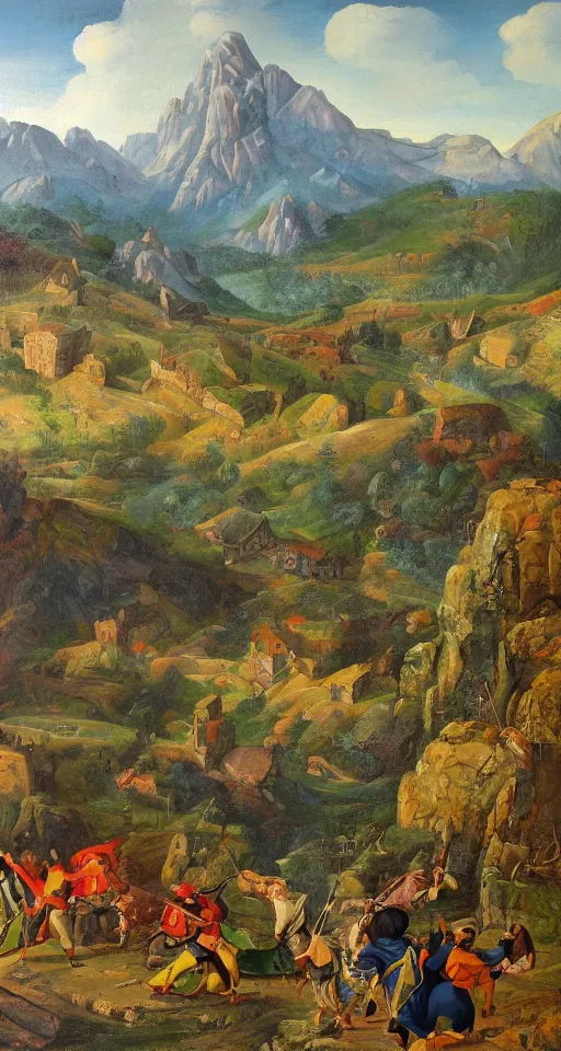 Prompt: massive vibrant colorful mountainscape behind a small medieval skirmish, painting