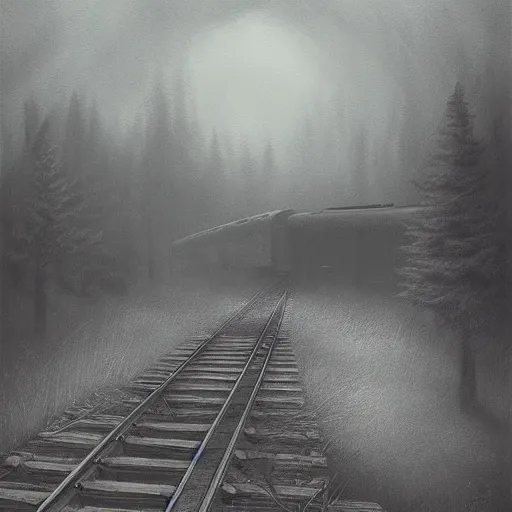 Prompt: an old train under the bridge by Aron Wiesenfeld and beksincki, cinematic, detailed illustration, nature, fog, dark colors, suspense, intricate, 8k