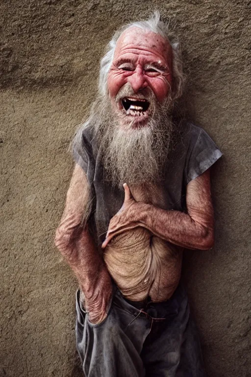 Prompt: a old laughing happy old man with female long hair, long beard, female body, by steve mccurry