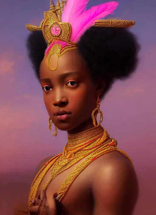 Prompt: stunning african godess princess, detailed pink and white feathers head peace against a black backdrop by ivan aivazovsky, 3 / 4 view portrait, wlop, super sharp details, photorealism, canon 5 d, 5 0 mm lens, stunning photoshot, beautiful soft lighting, muted colours, artstation