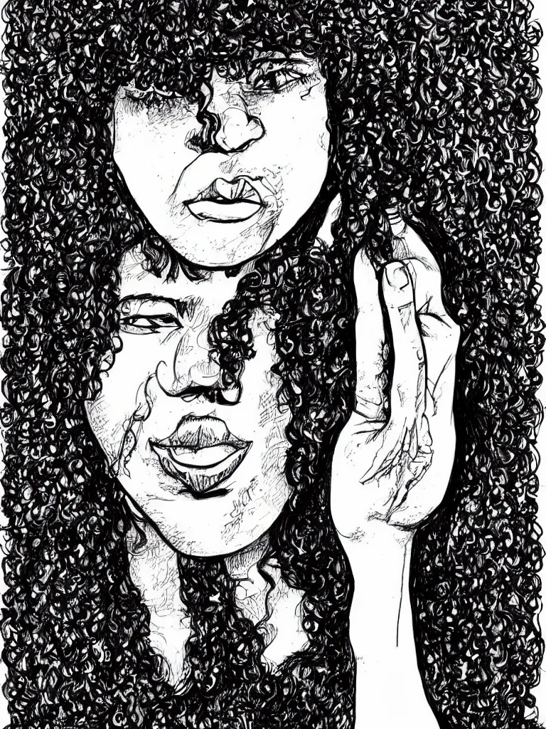 Image similar to face portrait of a teenager with a big nose and curly black hair, hand drawn illustration, ink and marker, by andrea pazienza