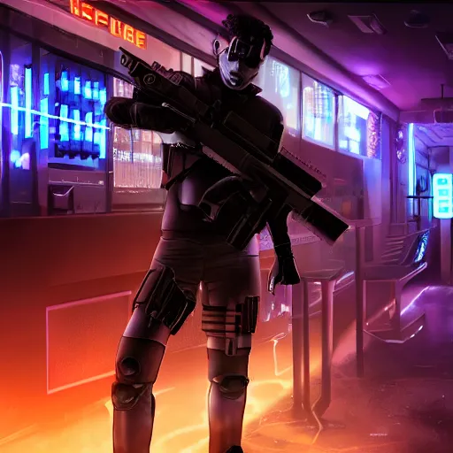 Prompt: A synthetic mercenary with human appearance and a gun drinking at a bar, night, cyberpunk city, purple neon, bladerunner, hyperrealistic, 8k render, cinematic lightning, ultra hd