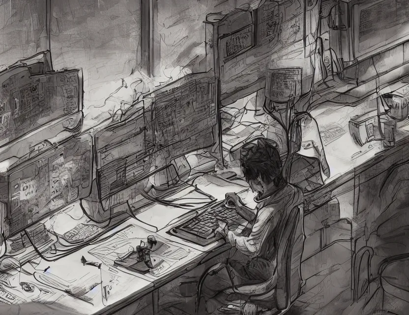 Prompt: a man works at a workstation in a very big office with burning fires, close up, featured in artstation, intricate, ultra detailed, digital painting, concept art, wide - angle lens, sharp focus, illustration, 8 k