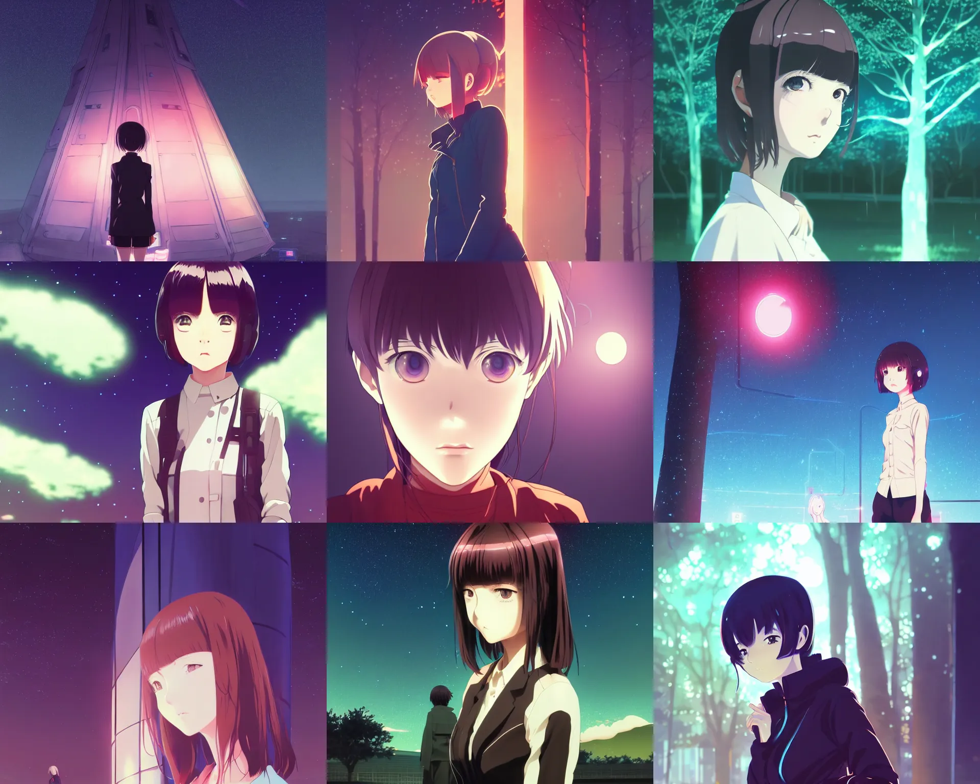 Prompt: anime visual, portrait of a young female traveler at night looking at a cybernetic tree, low light, cute face by ilya kuvshinov, yoh yoshinari, makoto shinkai, dynamic pose, dynamic perspective, cel shaded, flat shading mucha, rounded eyes, moody, detailed facial features, psycho pass, lomography