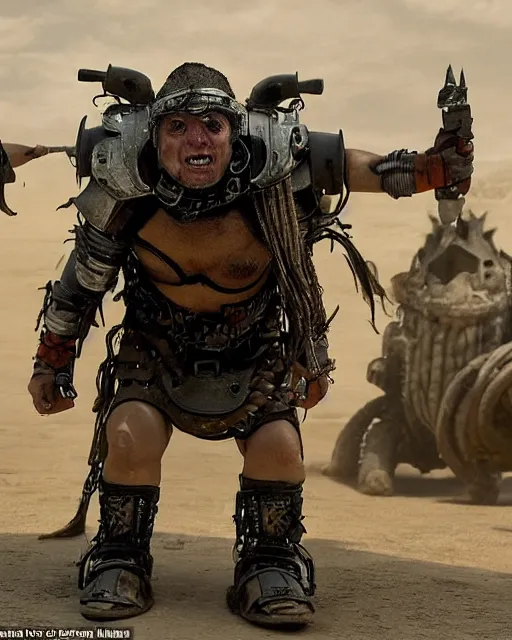 Prompt: a legless dwarf named master is strapped to the back of a mindless armored warrior called blaster, whom he rides like a horse. together they are known as master blaster. in the style of mad max beyond the thunderdome and director george miller, cinematic