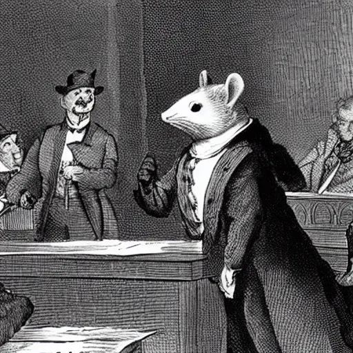 Prompt: templeton the rat as an 1800s barrister arguing his case in a stuffy courtroom