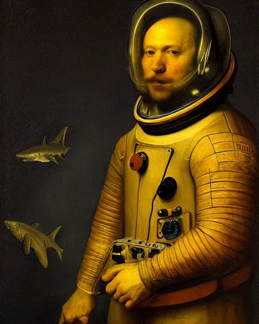 Prompt: shark cosmonaut, proudly posing for a portrait, painted by rembrandt, intricate, detailed, atmospheric lighting, golden hour.