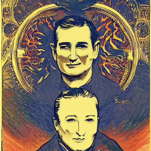 Image similar to ted cruz portrait by louis - theophile hingre, zodiac, tarot cards, planets, ethereal, art nouveau