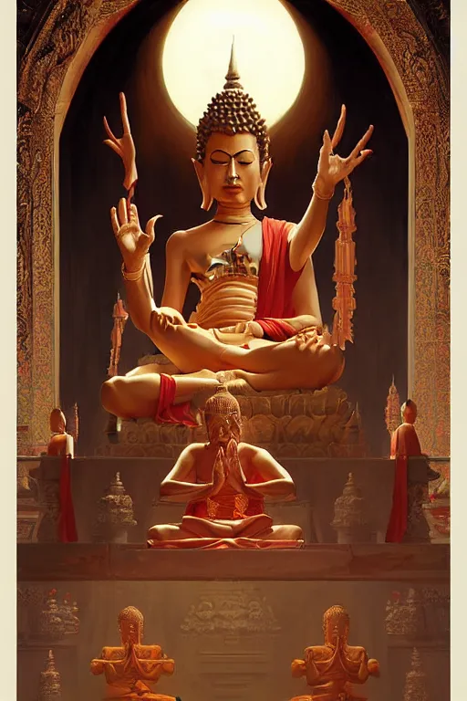 Image similar to temple, buddhism, painting by greg rutkowski, j. c. leyendecker, artgerm