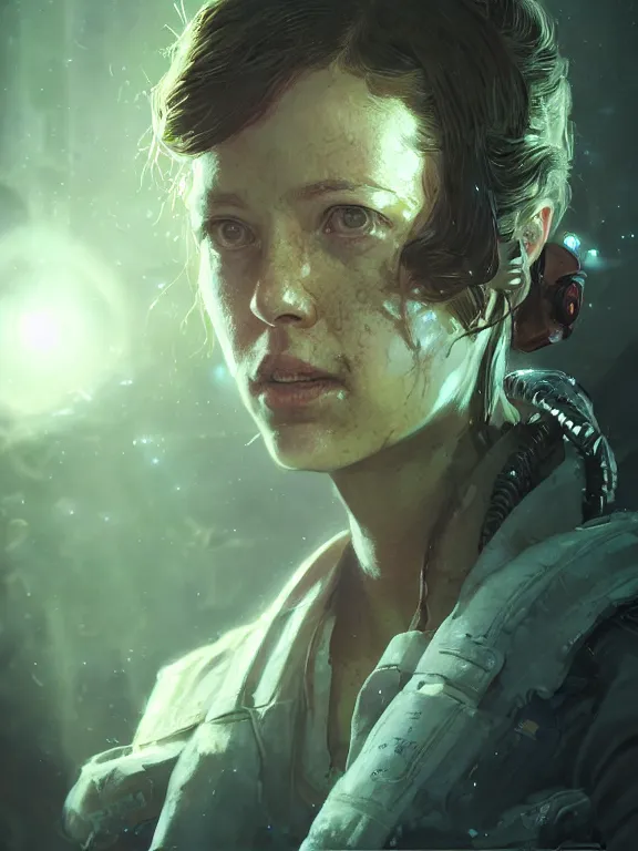 Image similar to portrait of a young female scientist from alien isolation, art by ryo shiotani and greg rutkowski, intricate, beautiful, cute, cinematic lighting, vintage art by serge ivanoff, high resolution, very detailed