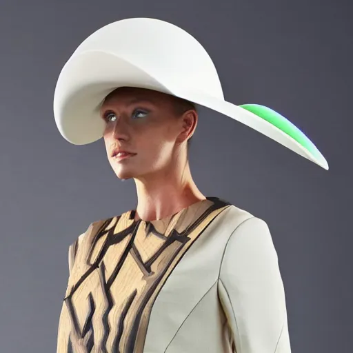 Image similar to [high tech cowboy hat in futuristic colours and fabrics, object design, couture]