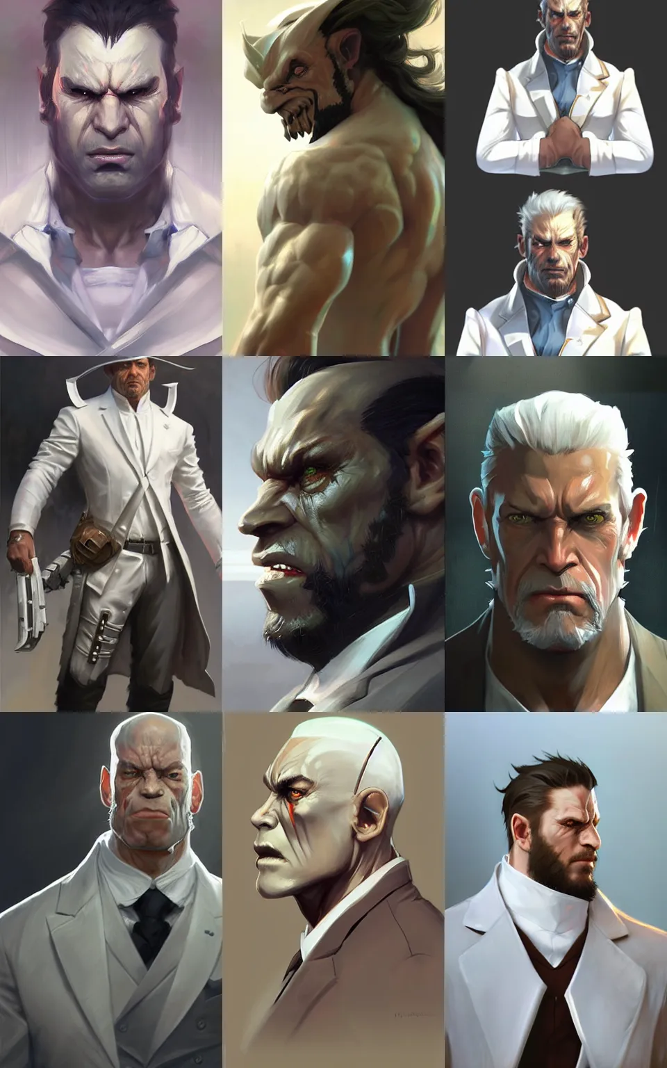 Prompt: character concept portrait, orc in white suit, style digital painting, concept art, smooth, sharp focus, illustration, from metal gear, by ruan jia and mandy jurgens and william - adolphe bouguereau, artgerm