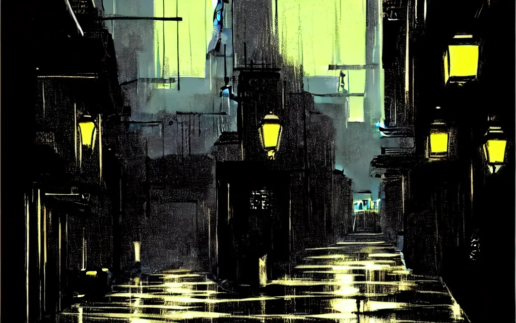 Image similar to concept art, dark wet london alley at night, by ashley wood, by roger deakins, in the style of syd mead and liam wong