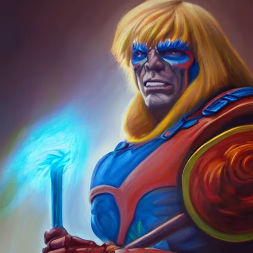 Image similar to portrait painting of he - man in style of kenne gregoire, 4 k,, highly detailed, epic lighting