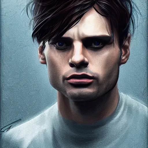 Image similar to A man who looks like a mixture between Cillian Murphy and Sebastian Stan, wearing black tshirt, scifi, highly detailed portrait, digital painting, artstation, concept art, smooth, sharp foccus ilustration, Artstation HQ