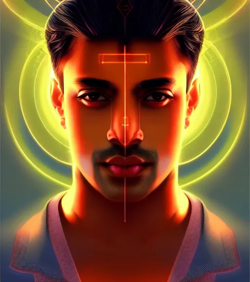 Image similar to symmetry!! indian prince of technology, solid cube of light, hard edges, product render retro - futuristic poster scifi, lasers and neon circuits, brown skin handsome indian prince, intricate, elegant, highly detailed, digital painting, artstation, concept art, smooth, sharp focus, illustration, dreamlike, art by artgerm