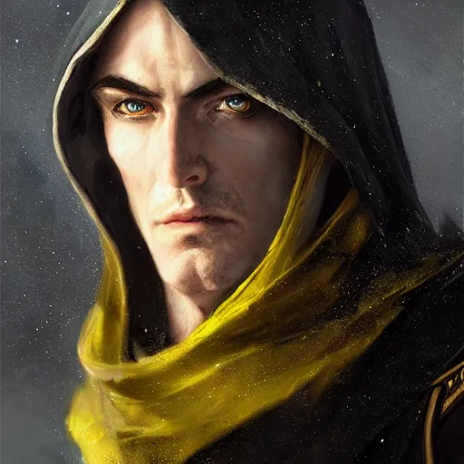 Prompt: portrait of a mysterious and cunning male high elf inquisitorial agent wearing a black hooded agent's cloak with bits of yellow, by Raymond Swanland Greg Rutkowski Lise Deharm, intricate, masterpiece, sharp, digital art, full head, ArtStation, CGStation, 8k