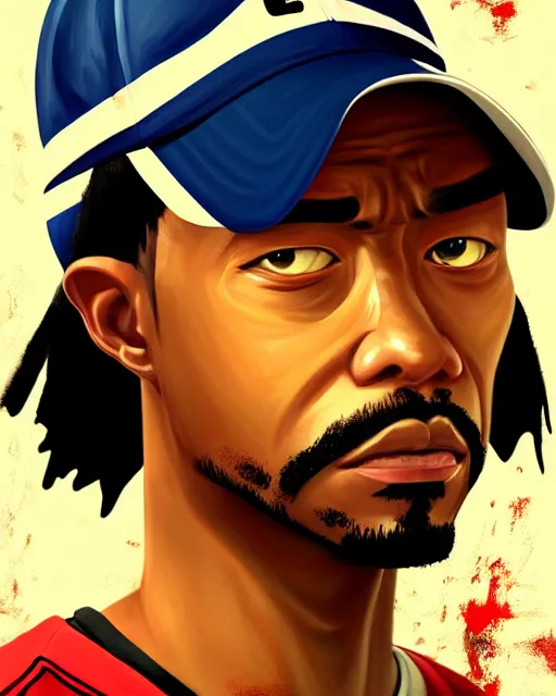 Image similar to painting portrait of cj from gta san andreas, cartoon, warm lighting. movie poster, illustration by bartek fedyczak, erak note, tooth wu, neil richards, kan liu, siwoo kim, jisu choe, trending on art station