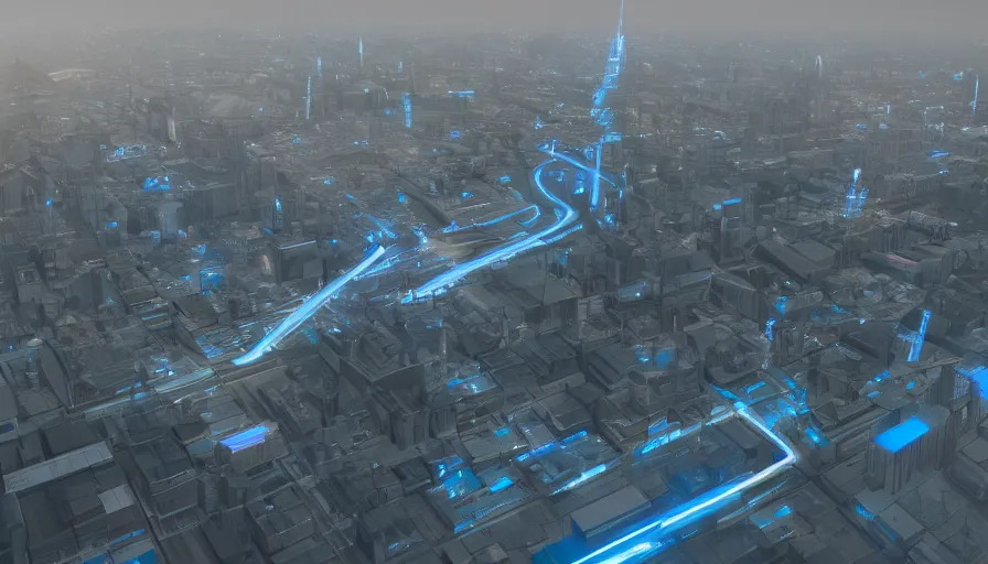 Image similar to futuristic liege, belgium, roads view, volumetric blue light, hyperdetailed, artstation, cgsociety, 8 k