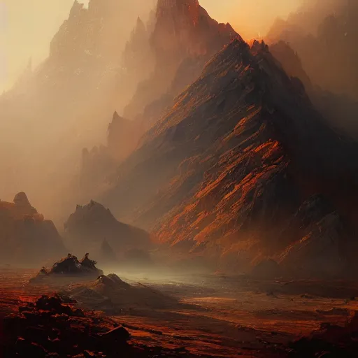 Prompt: a vast, black, rocky, desolate mountain range, mysterious atmospheric lighting, painted, intricate, volumetric lighting, rich deep colours masterpiece, golden hour, sharp focus, ultra detailed, by ruan jia and greg rutkowski