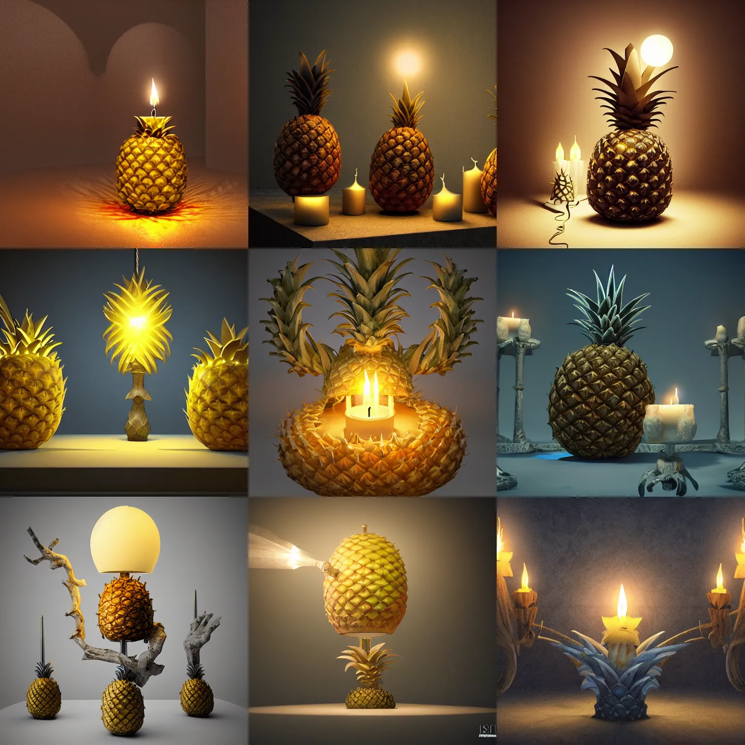 Prompt: alter of bones with a glowing pineapple lamp on it, by wojciech siudmak by eiq, cgsociety, glowing swirling mist, candles, dramatic lighting, render