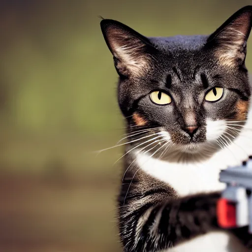 Image similar to a cat holding a gun pointed at the camera, professional photography