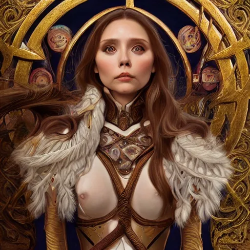 Image similar to Elizabeth Olsen as a elf archer, cute, fantasy, intricate, elegant, highly detailed, centered, digital painting, artstation, concept art, smooth, sharp focus, illustration, art by artgerm and H R Giger and alphonse mucha