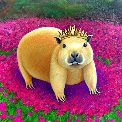 Image similar to anatomically correct capybara wearing a light pink cape and a encrusted golden crown, in a beautiful flower garden, oil painting