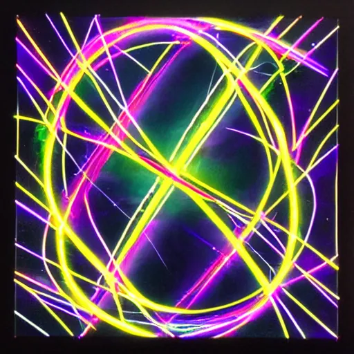 Prompt: a hypercube made of high - contrast dark polished metal brushstrokes of neon light - trails and dichroic paintings