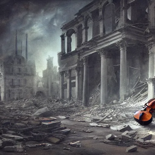 Prompt: a moody matte painting of a cellist playing in the rubble of a fallen building, beautifully lit, dark art, slightly surreal - h768