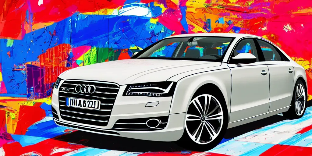 Image similar to audi a 8 pop art painting, rtx, raytracing, 8 k, highly detailed, sharp colors,