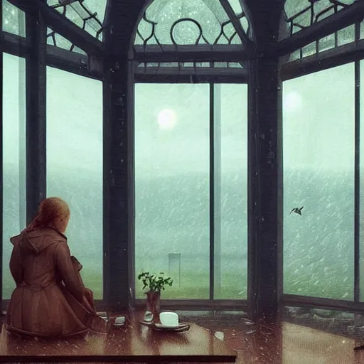 Prompt: on a rainy day, the girl sits in a clean high - end coffee shop and looks out the window, illustration, concept art, elegant, smooth, serene landscape, lonely, sad, caspar david friedrich, beeple