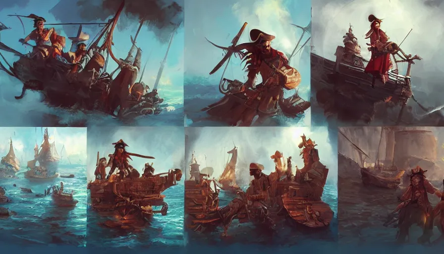 Image similar to visual storytelling, concept art of pirates by jama jurabaev, trending on artstation, high quality, brush stroke