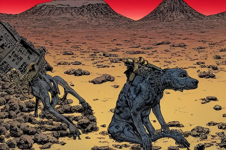 Image similar to monstrous evil xoloitzcuintli dog in the space atacama desert at dusk, hungry and drooling, cracking bones, near a retro - futuristic train station, futuristic comic book by moebius, william stout, katsuya terada