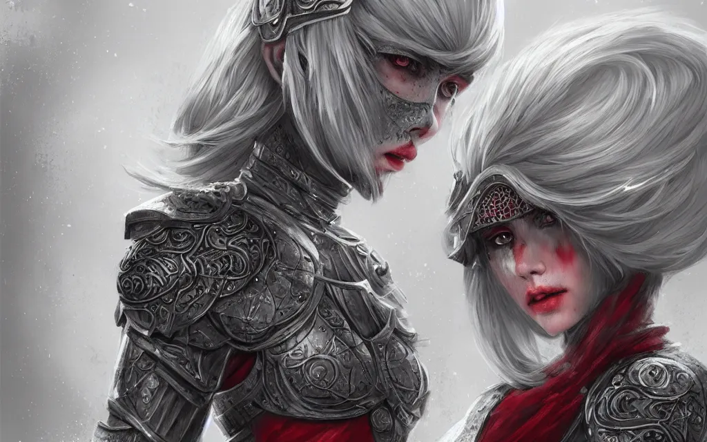 Image similar to portrait light grey hair knights of zodiac girl + smoky eyes, matt black / little red color armor, in ruined agora of athens, ssci - fi and fantasy, intricate and very very beautiful and elegant, highly detailed, digital painting, artstation, concept art, frostbite engine, smooth and sharp focus, illustration, art by tian zi and wlop and alphonse mucha