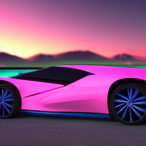Image similar to neon synthwave f 1 2 2 concept car, at sunset, 8 k. filling most of the view