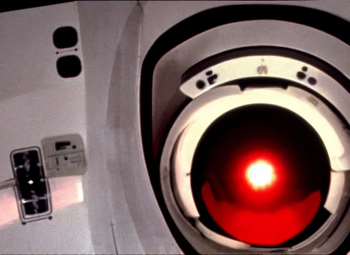 Image similar to film still of HAL from 2001 A Space Odyssey as a washing machine with a glowing red light inside it