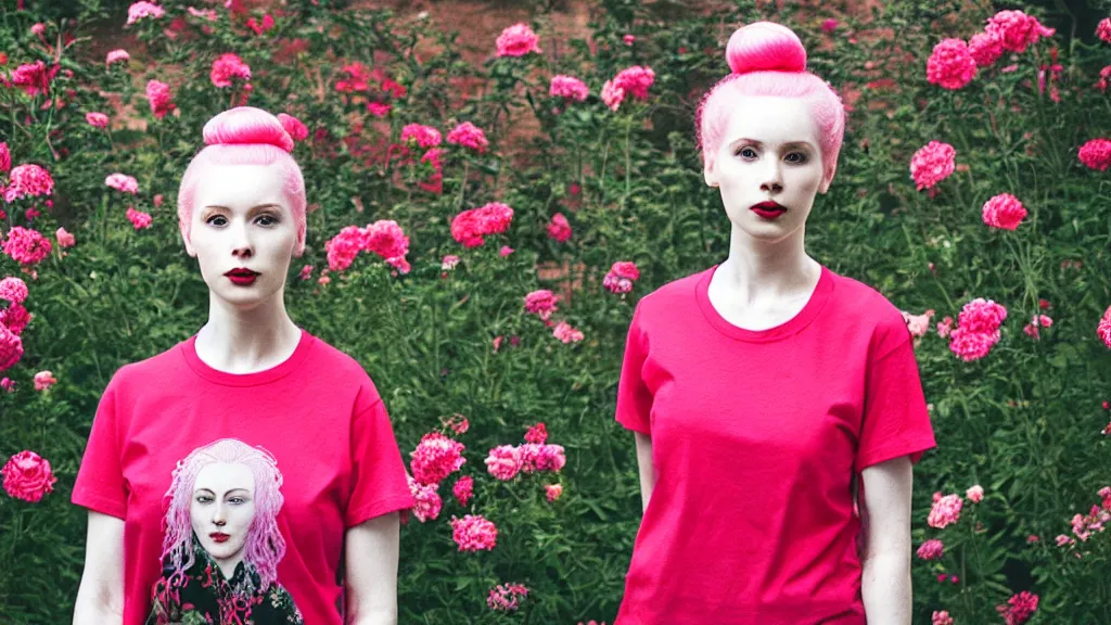 Prompt: portrait of a young pale woman with pink hair buns, wearing a red t-shirt, standing in a garden full of black flowers, intricate details, high detail, in a renaissance style, super-flat, punk