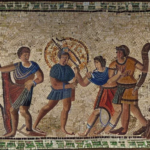 Image similar to an ancient roman mosaic of two teams playing ultimate frisbee