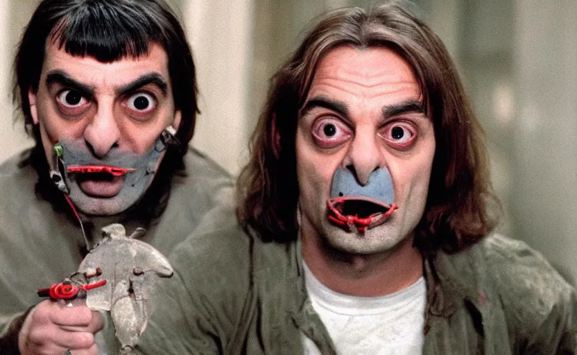 Image similar to silence of the lambs but it's mister bean