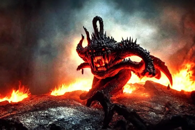 Prompt: movie still, enormous balrog roaring fire at the bridge of khazad - dum, style of h. r. giger, fiery, dark, realistic movie still, cinematic, cgi,