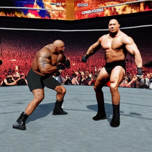 Image similar to ricardo milos vs the rock, fighting at wwe wrestling stadium, while the crowd goes wild, photo realistic