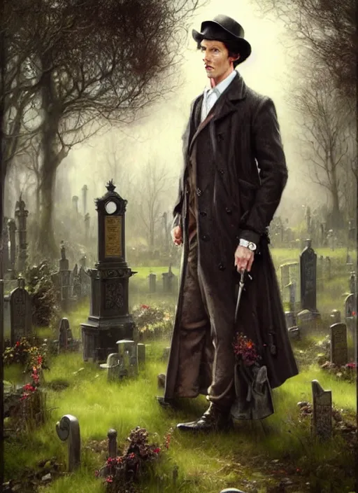 Prompt: sherlock holmes standing in a graveyard, soft colours, detailed, digital art, hd, by tom bagshaw, by fintan magee, by raymond swanland, by sherree valentine daines